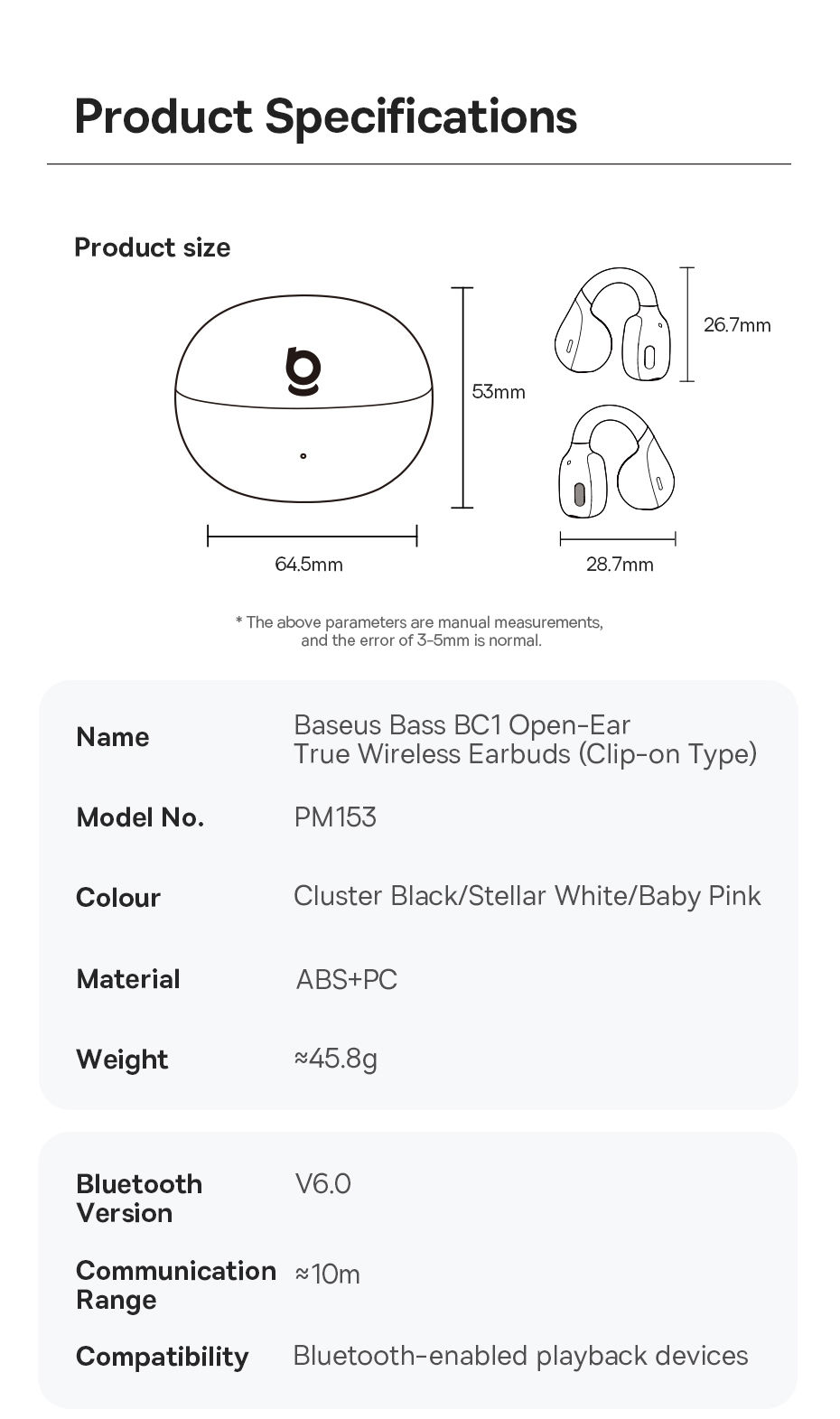 Thumbnail: Baseus BC1 Ear Clip Earbuds Open Ear Wireless Earphones Bluetooth 6.0 Clip On Sp