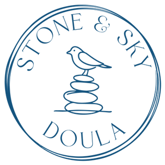 Stone & Sky Doula Logo - a sketch of a bird sitting on a rock with the text Stone & Sky Doula around it