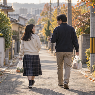 秋の住宅街を、買い物袋を持って話しながら歩く父親と娘。写真調のAI生成画像。