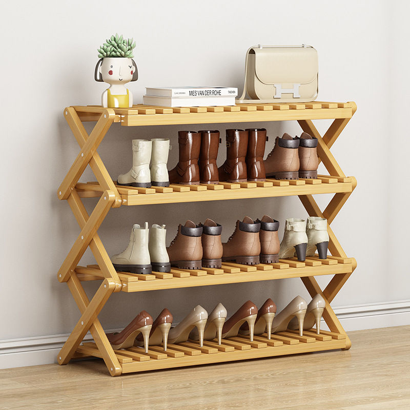 The Artisan Bamboo Space-Saver Rack with shoes and decor
