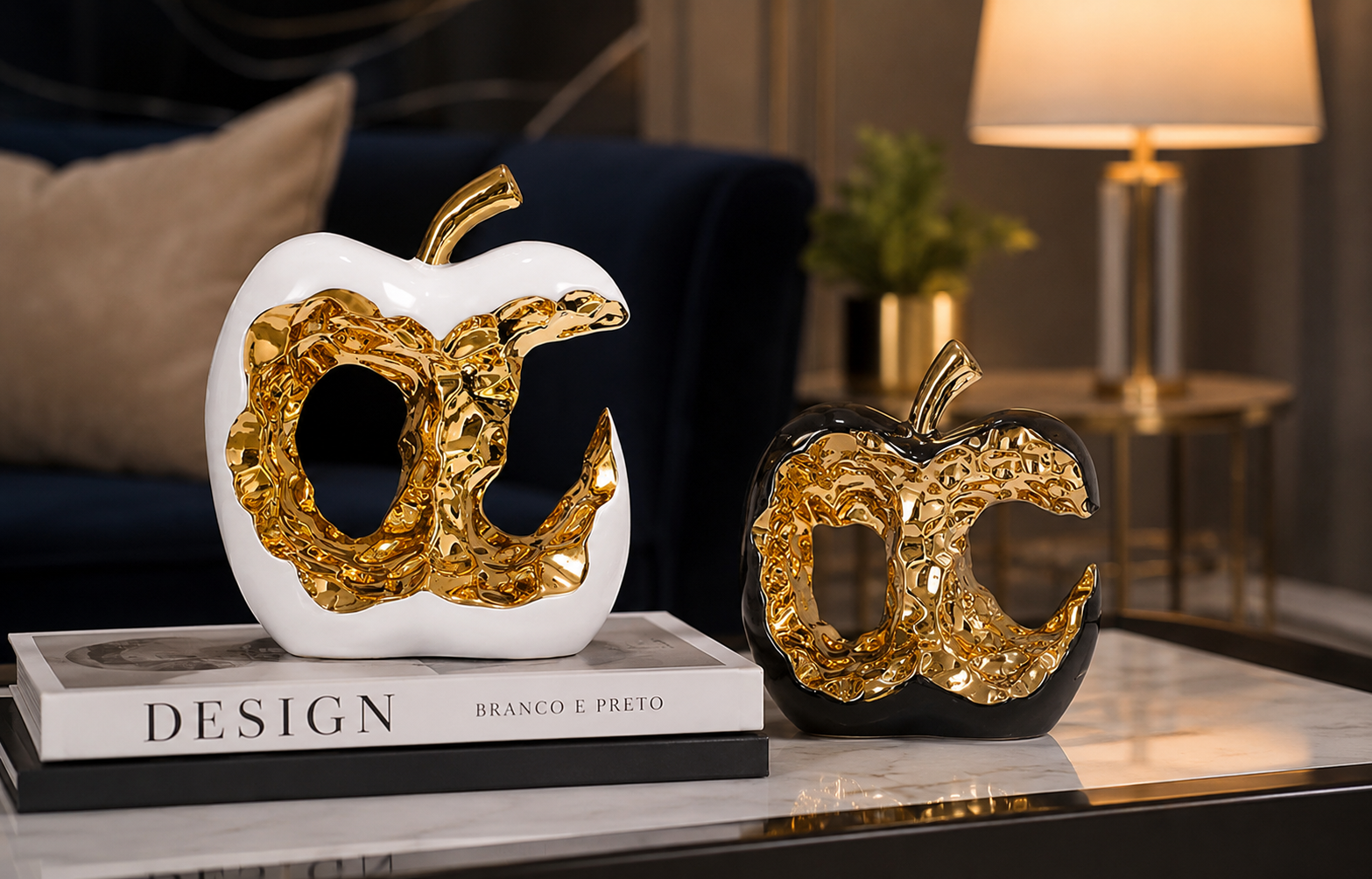 Modernist gold ceramic apple sculptures in white and black