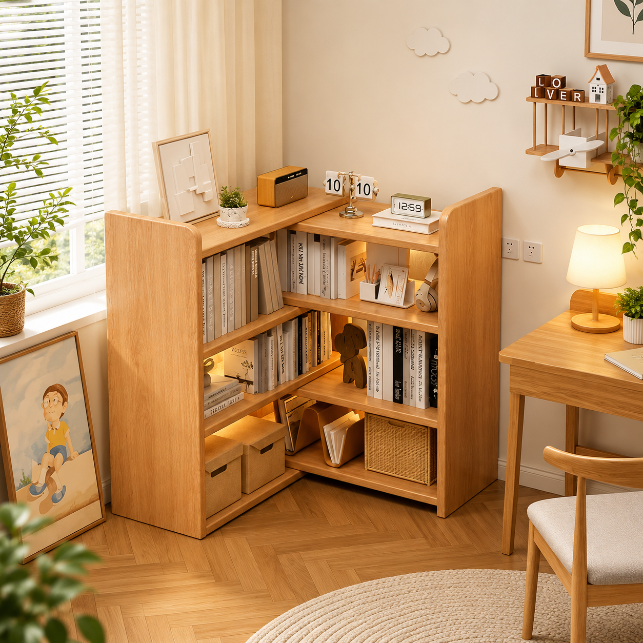 The Modular Artisan Bookcase in a cozy corner setup.
