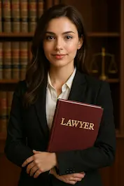 Professional woman lawyer holding 'LAWYER' book