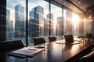 Professional boardroom with city skyline view