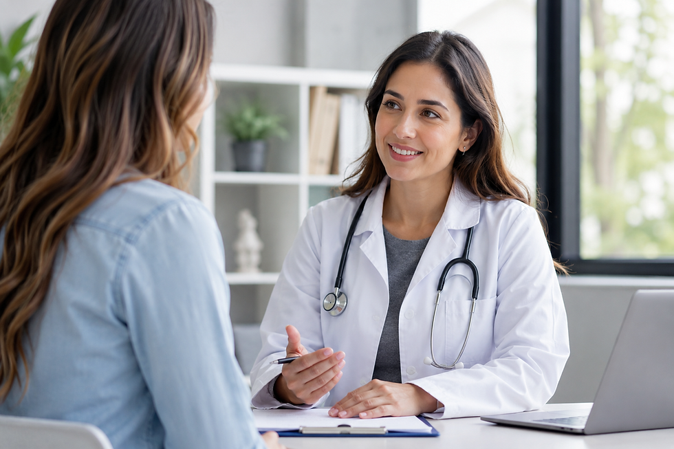 Doctor in white coat with stethoscope talks to a patient in an office. They are smiling, creating a friendly, professional atmosphere.