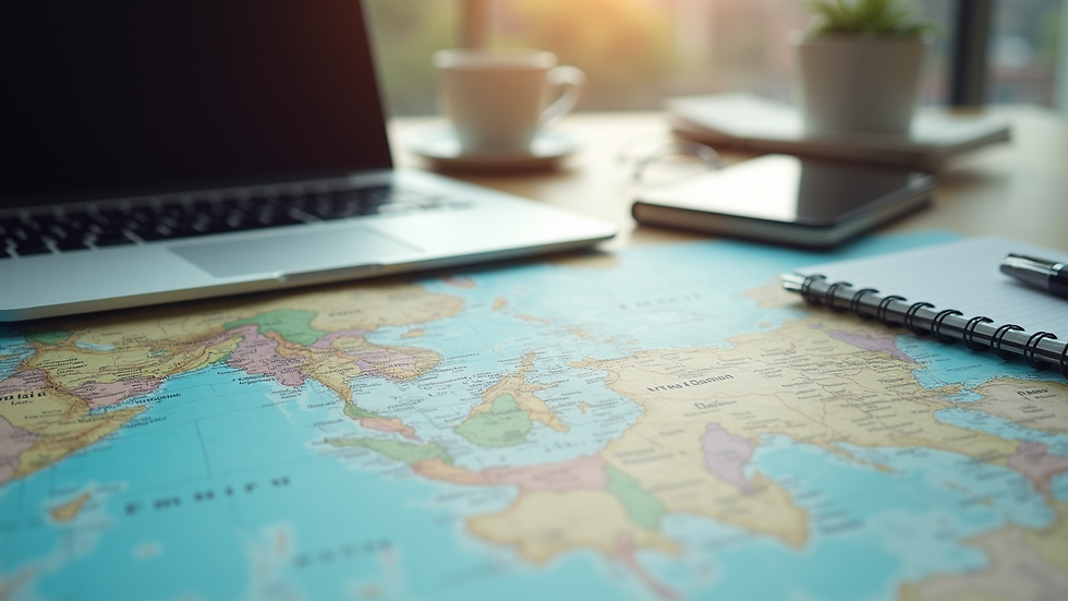 Laptop, notebook, pen and coffee on a desk over a world map, with soft sunlight and a calm travel-planning mood.