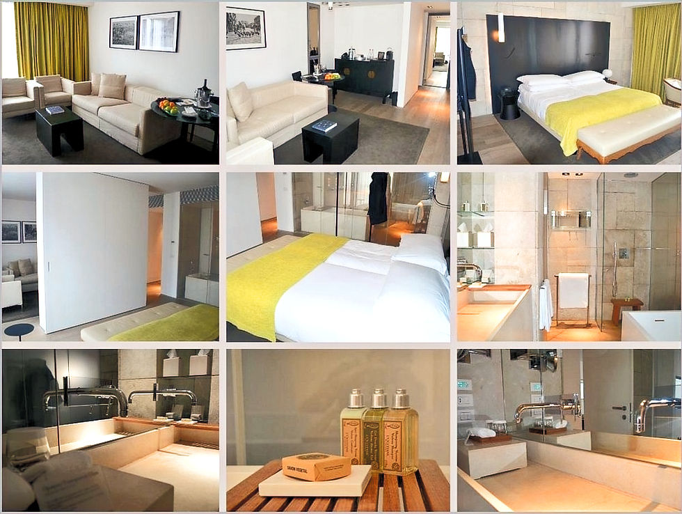 Modern hotel suite collage: beige sofas, fruit bowl, yellow accents, double bed, glass shower, twin sinks, toiletries, bright and inviting.