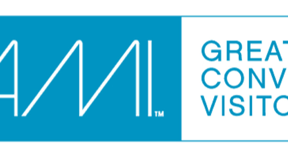 Miami logo in white on a blue background. Text reads: GREATER MIAMI CONVENTION & VISITORS BUREAU in blue on white. Simple, modern design.