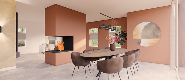 Eetkamer met roomdivider haard