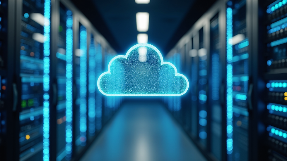 Wide angle view of a modern server room with cloud computing icons overlay