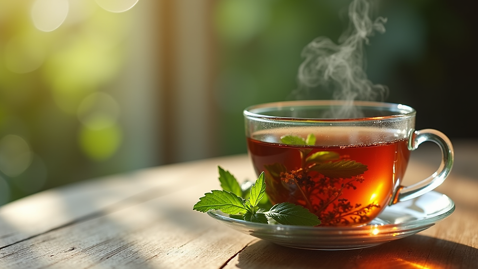 Close-up view of a herbal tea cup with fresh herbs on a wooden table