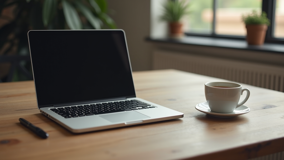 Eye-level view of a laptop on a wooden desk with a cup of coffee