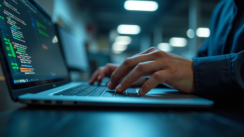 Close-up view of a computer technician inspecting a laptop