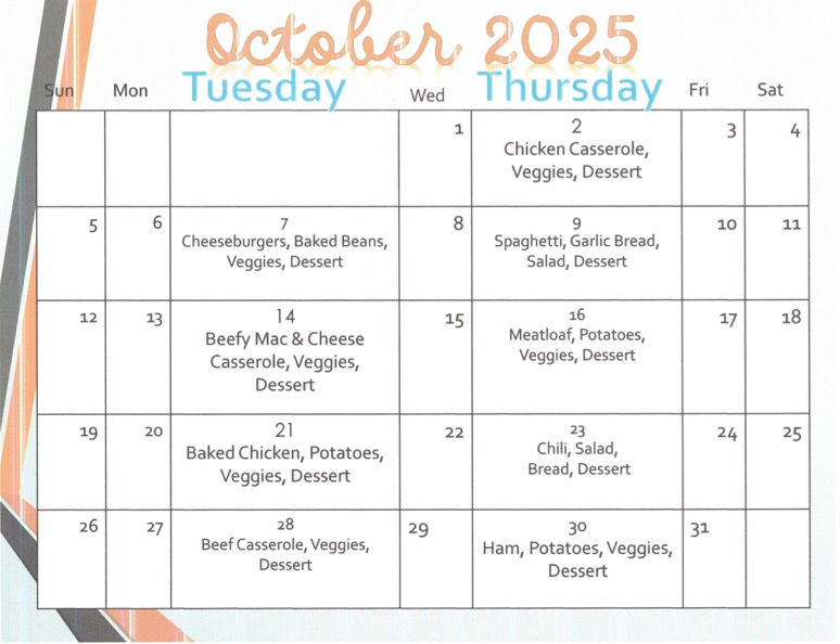 October 2025 Senior Lunch Menu