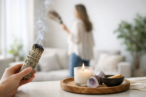 Hand holding a smoking sage stick in foreground, a woman saging in background. Candle, crystals on a wooden tray, cozy room setting.