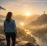 Woman in a denim jacket stands on a rocky cliff, gazing at a misty valley with a river at sunrise. A bird soars in the sky. Peaceful mood.