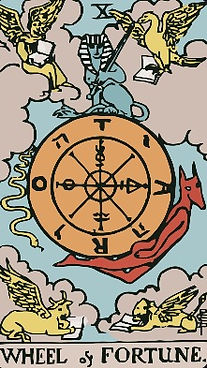 Tarot card with Wheel of Fortune, featuring angelic creatures, sphinx, and red figure. Blue and beige sky, mystic vibe. Text reads "WHEEL of FORTUNE".