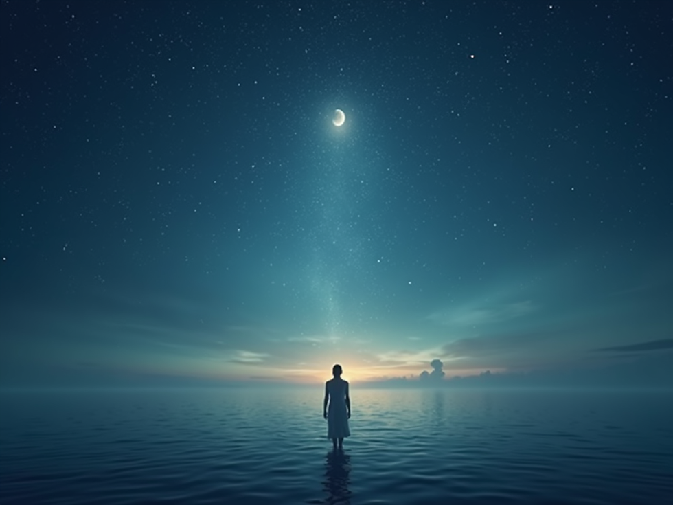 Silhouetted person stands in calm water under a crescent moon and starry blue sky at dawn, facing a glowing horizon.