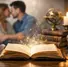 An open book emits glowing sparks on a wooden table. A blurred couple embraces in the background. A globe, candle, and crystal ball nearby.