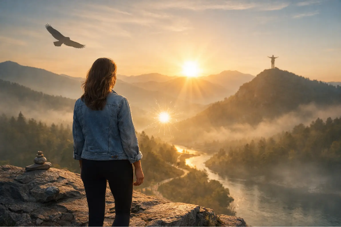 Woman in a denim jacket stands on a rocky cliff, gazing at a misty valley with a river at sunrise. A bird soars in the sky. Peaceful mood.