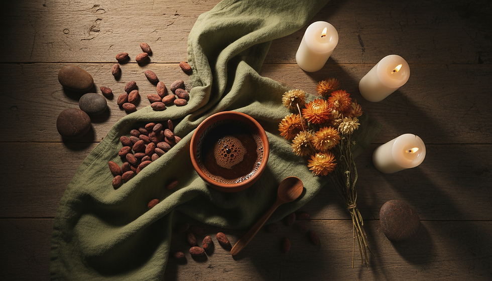 Hot cocoa, cocoa beans, candles, dried flowers on wood