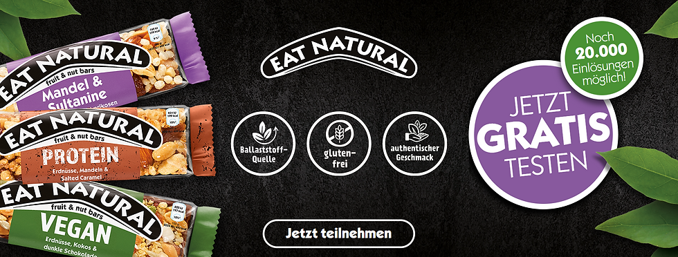 Eat Natural Aktion – eat natural gratis testen: jetzt cashback, gratis testen und Geld zurück sichern; Riegel oder 3er Multipack, Teilnahme kurz erklärt