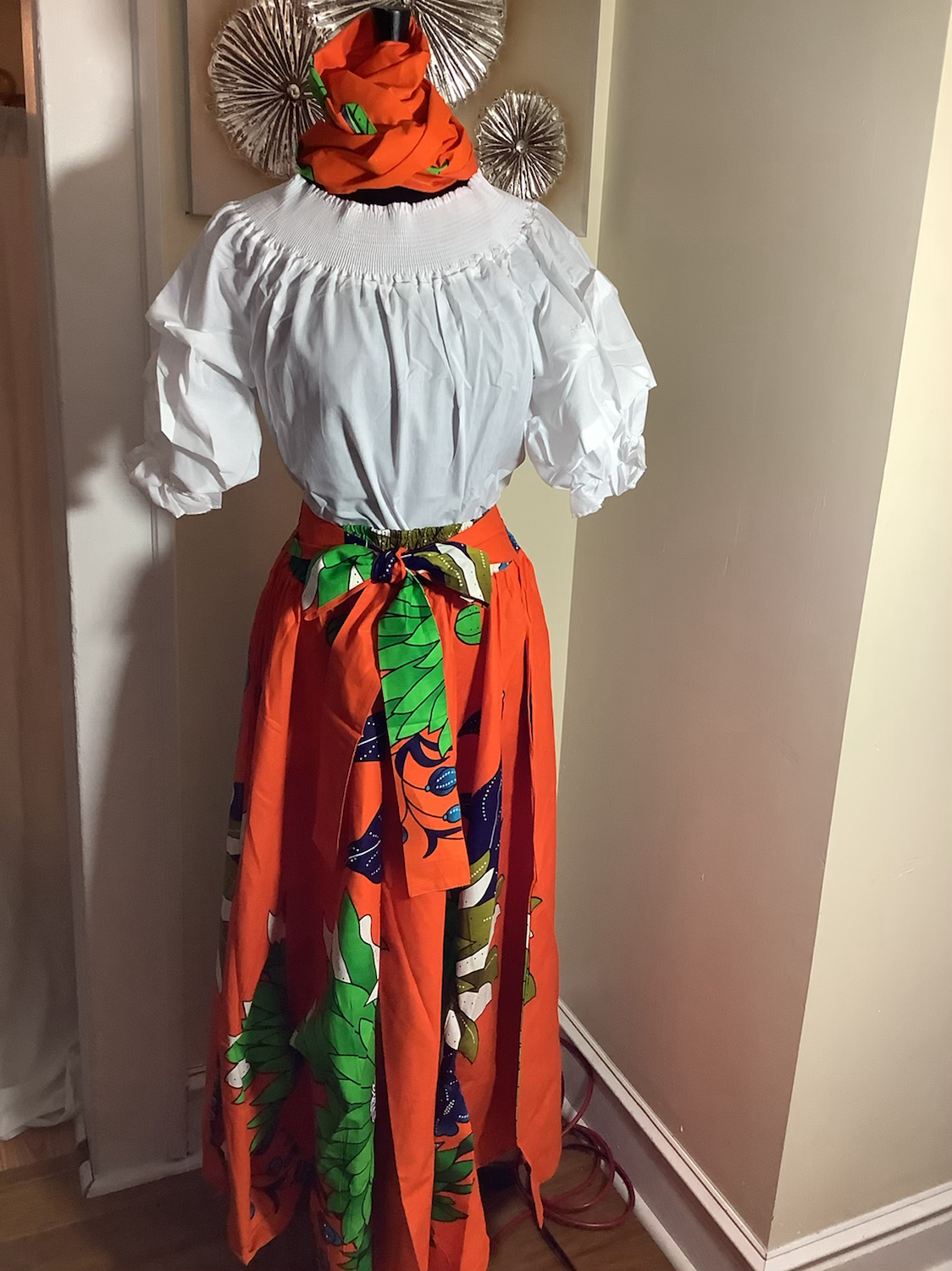 Orange Bold Floral Print Maxi Skirt with Head Wrap