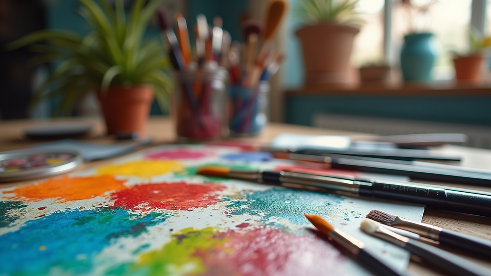 Wide angle view of a colorful assortment of paint supplies and brushes