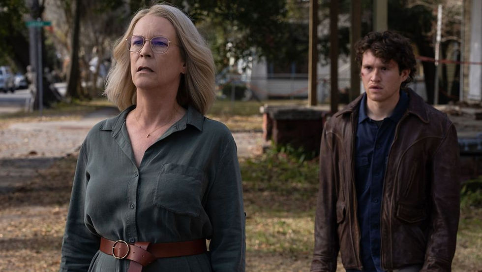 Jamie Lee Curtis and Rohan Campbell looking worried