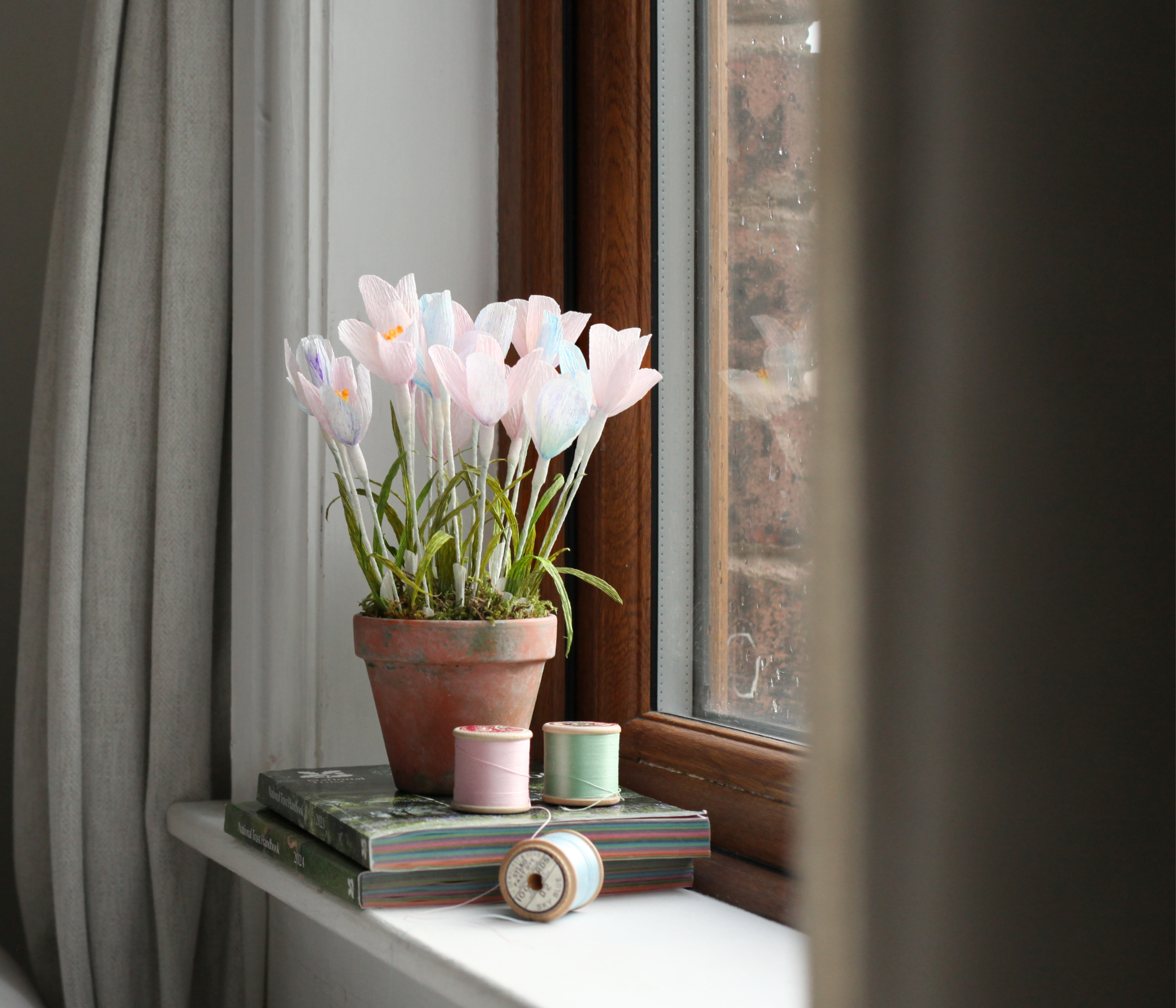 Paper crocus with petals painted in pastel watercolour shades is on an aged terracotta pot. It is displayed on a window ledge