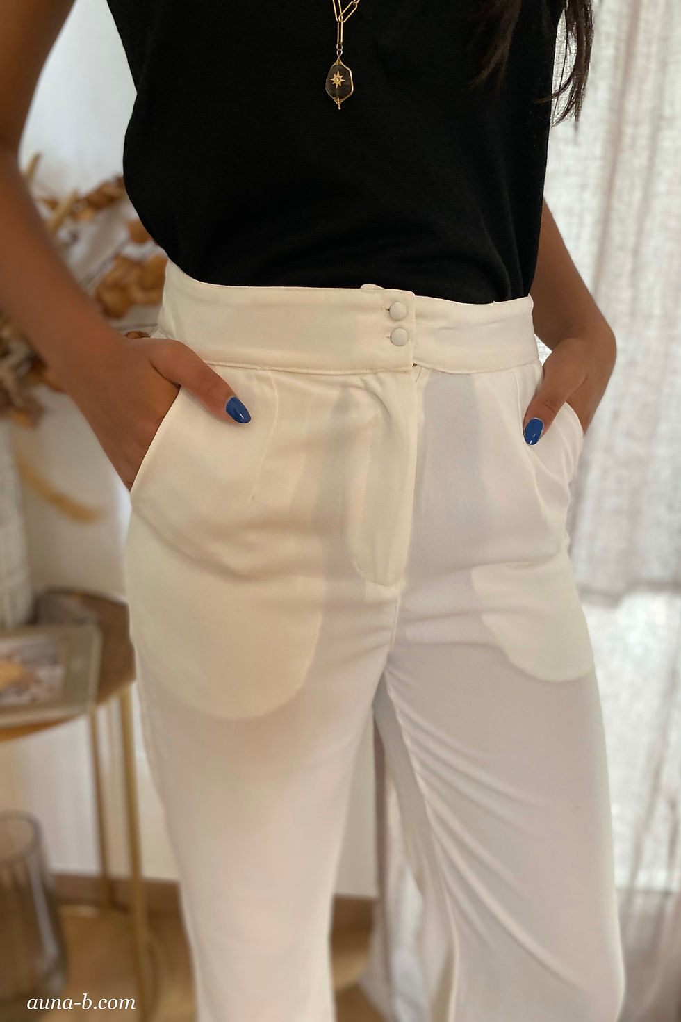 Miniature : Pantalon blanc droit fluide poches