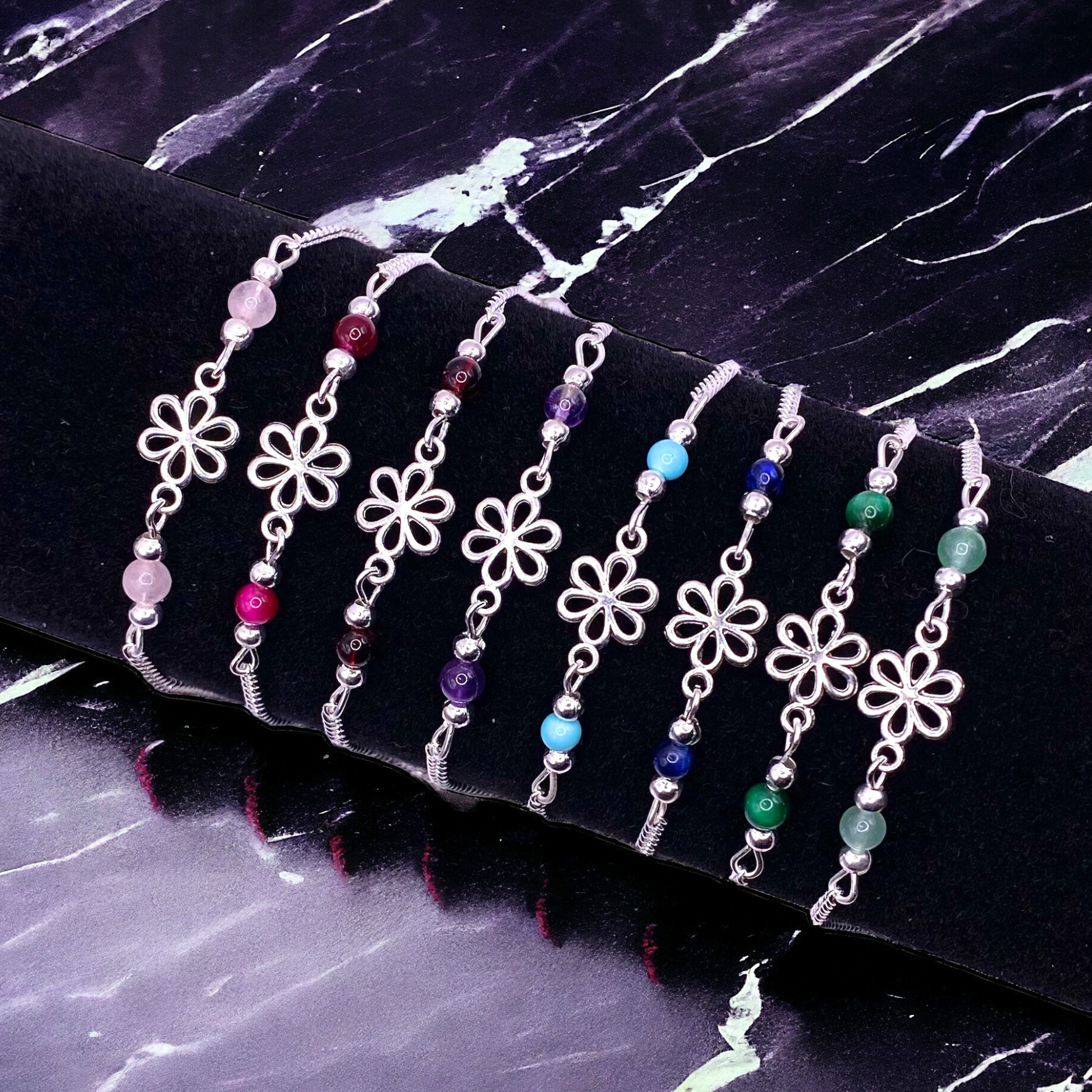 Flower Bracelet - Flower Charm Bracelet - Gemstone Bracelet - Crystal Bracelet - Adjustable Bracelet