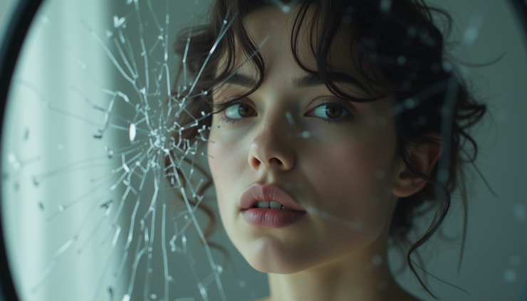 Close-up view of a cracked mirror reflecting a blurred image