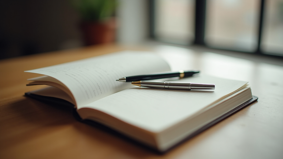 Close-up view of a journal and pen on a wooden table symbolizing self-reflection
