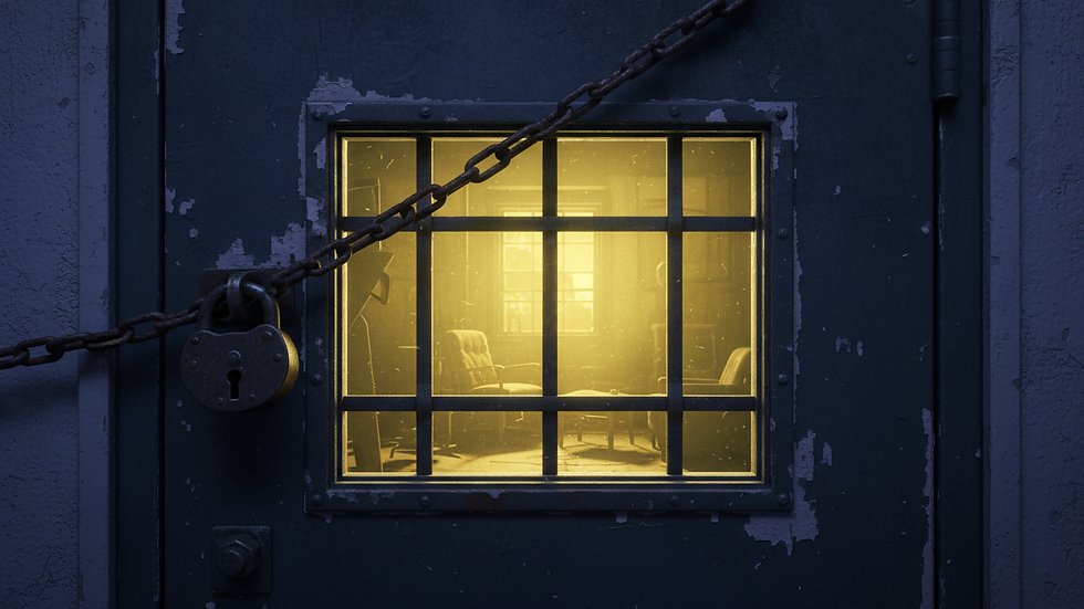 Close-up view of a locked door with a small window showing a dimly lit room