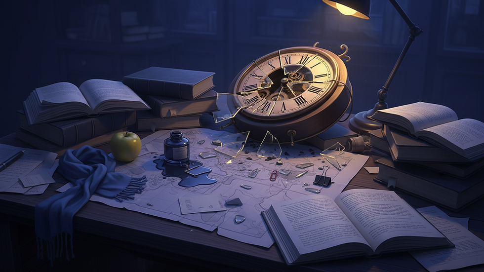 Eye-level view of a cluttered desk with scattered papers and a broken clock