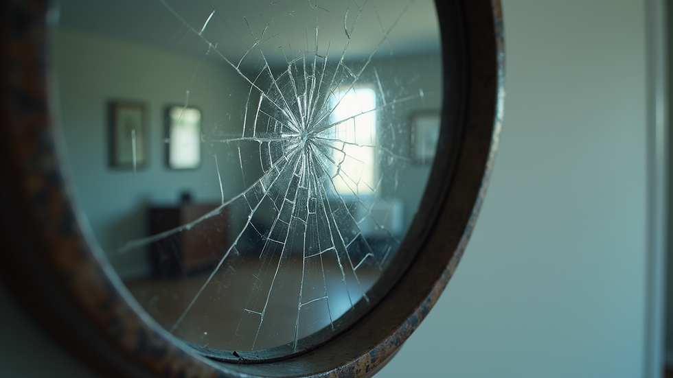 Close-up view of a cracked mirror reflecting a blurred room