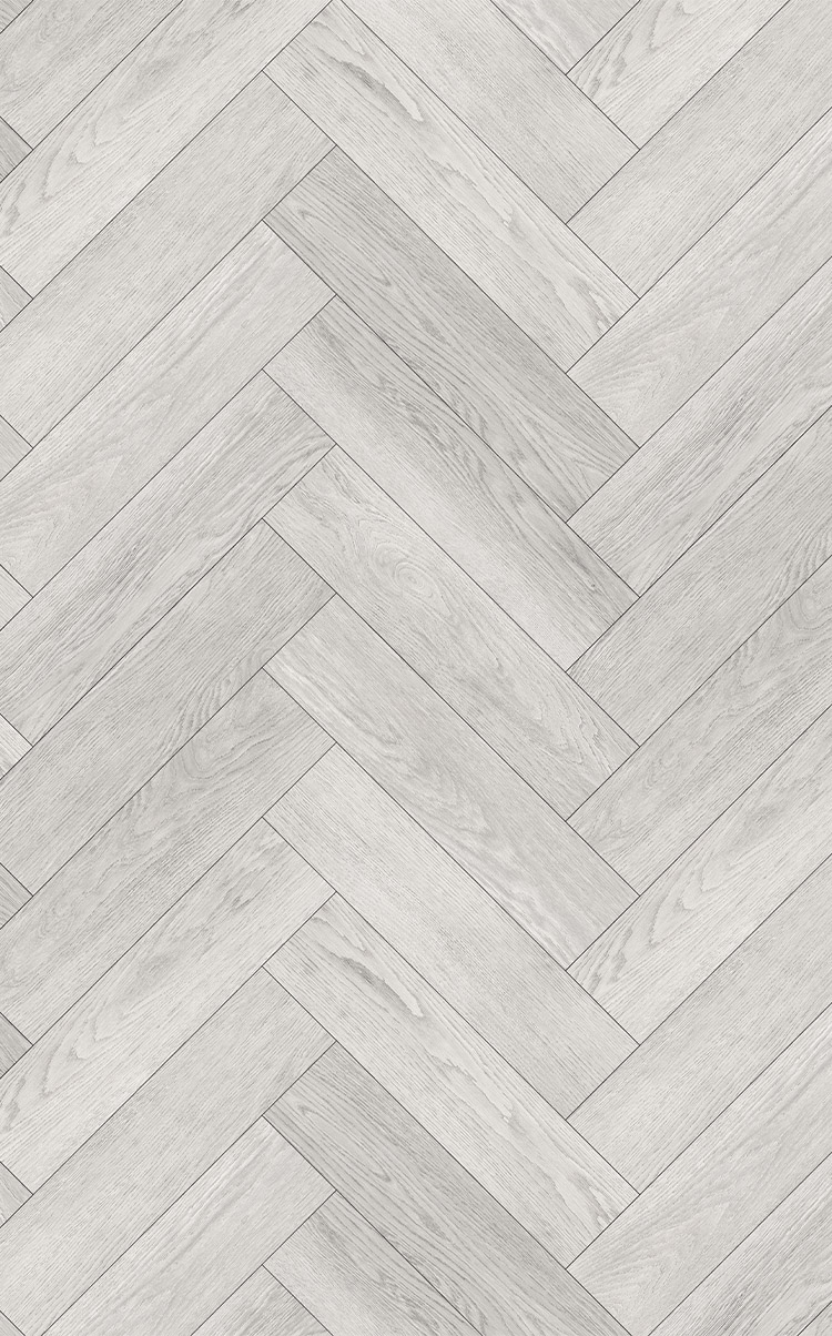 A light grey oak effect wood floor in herringbone design
