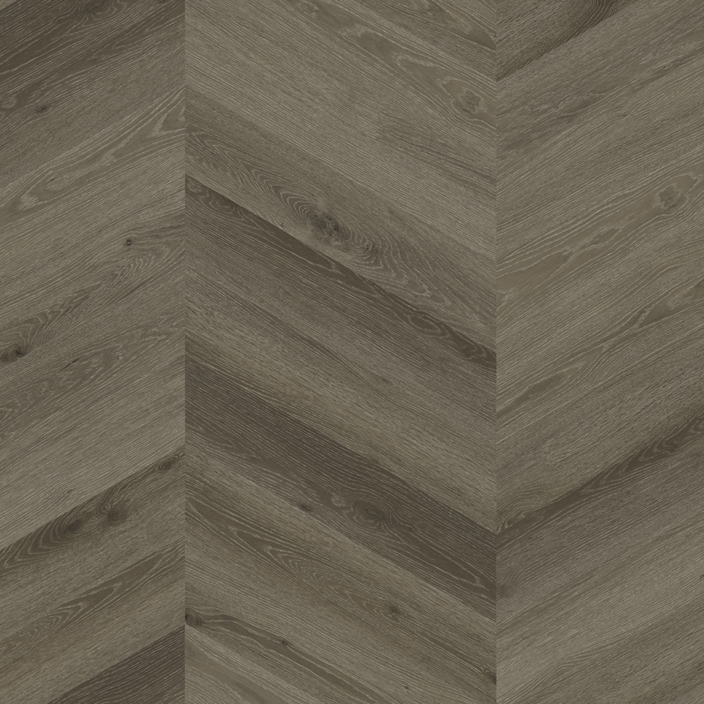 A dark grey wood effect floor in chevron design