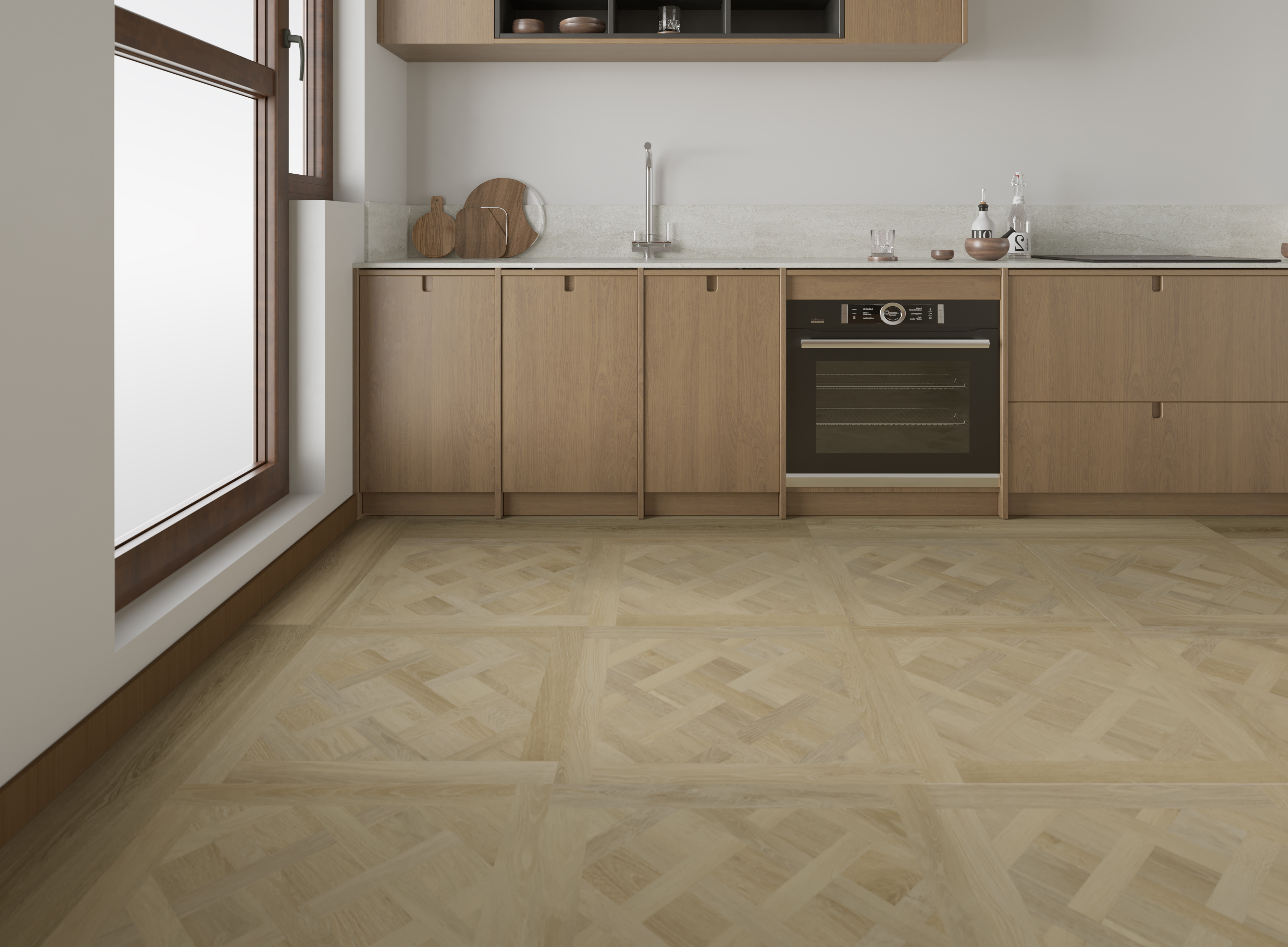 PlusFloor LVT in a deep, natural oak diamond pattern