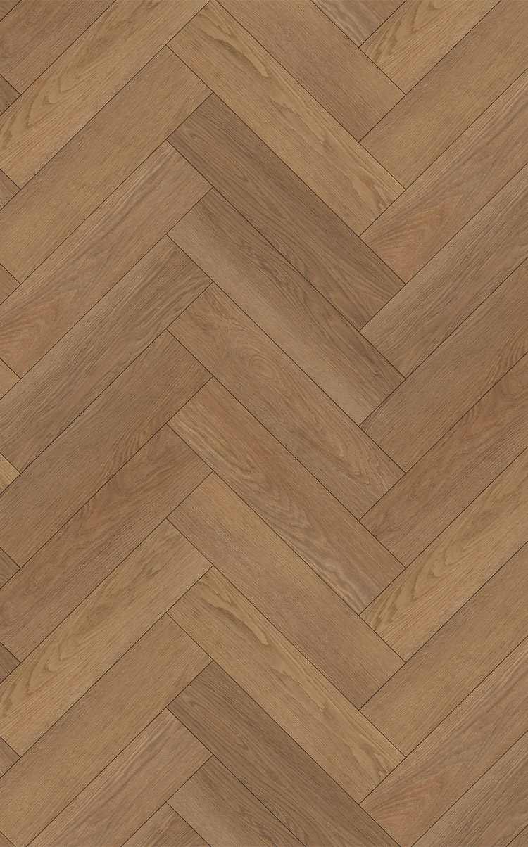 A dark, warm, natural oak effect floor in herringbone design