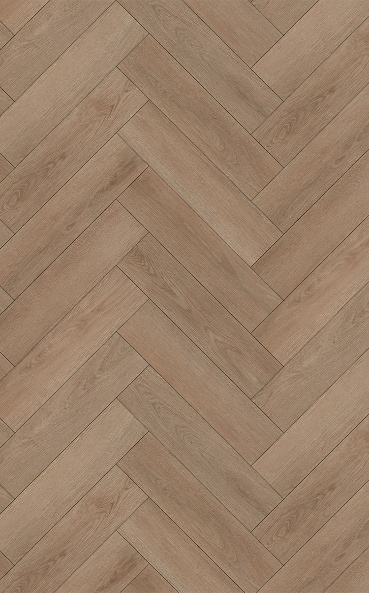 A dark oak effect wood floor in herringbone design
