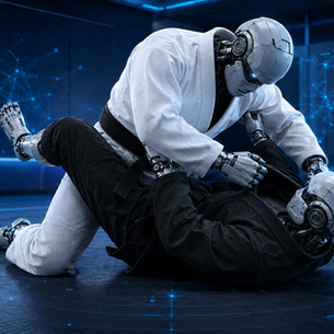 Two humanoid robots practicing Brazilian jiu-jitsu in contrasting white and black gis