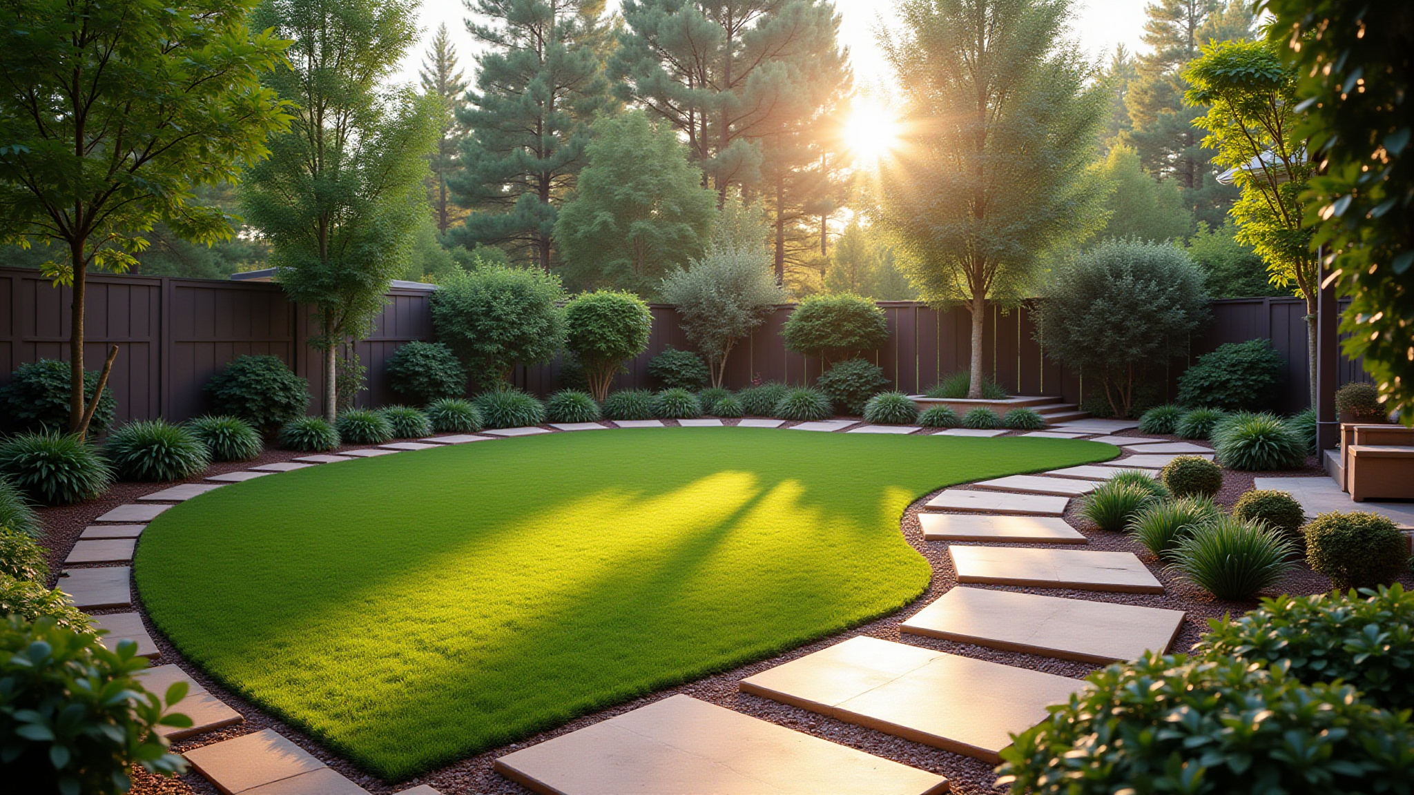 Scenic backyard with lush green lawn, trees, and stone pathway, Designs For Living L
