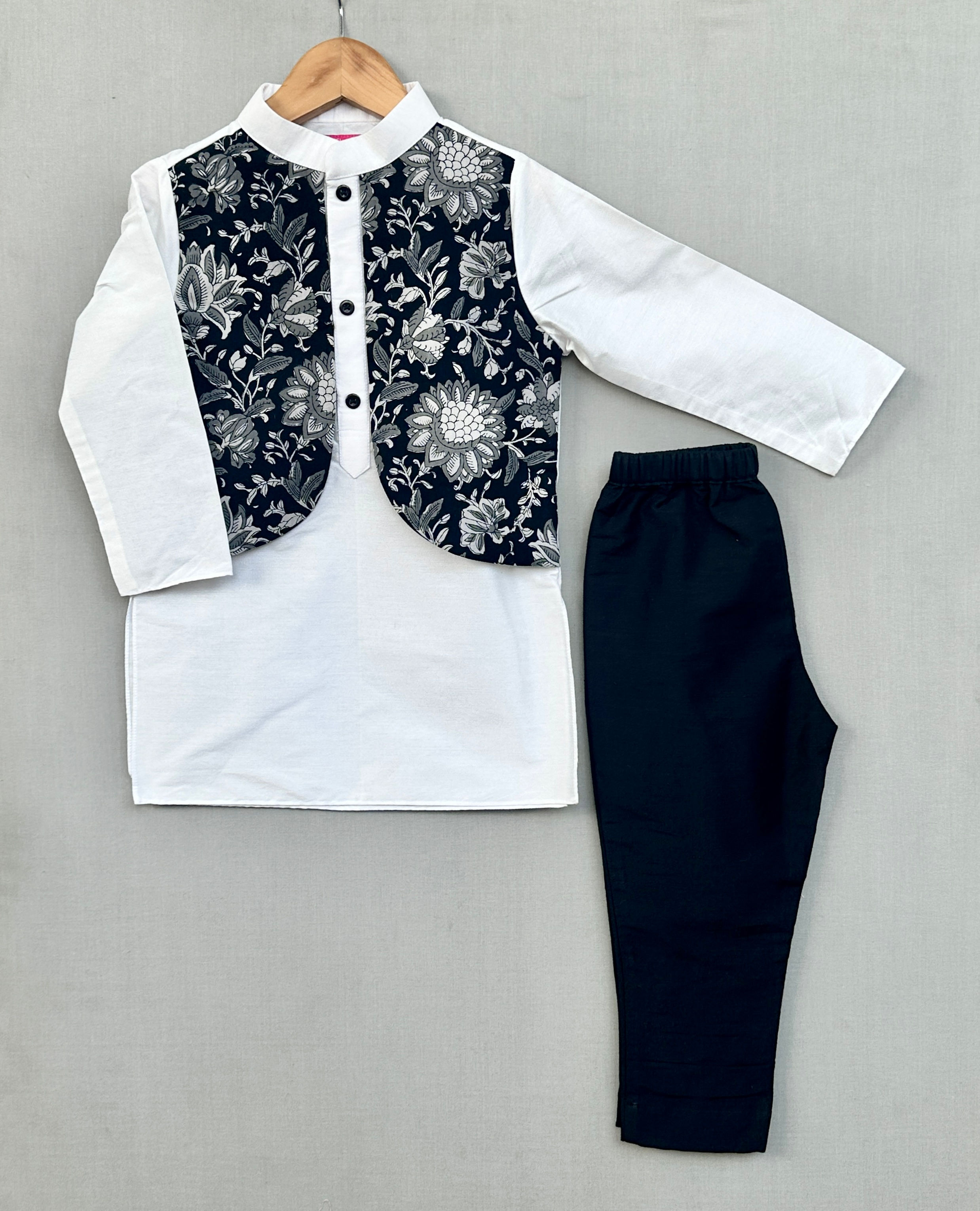 Floral Printed Attached Nehru Jacket with Kurta & Pants