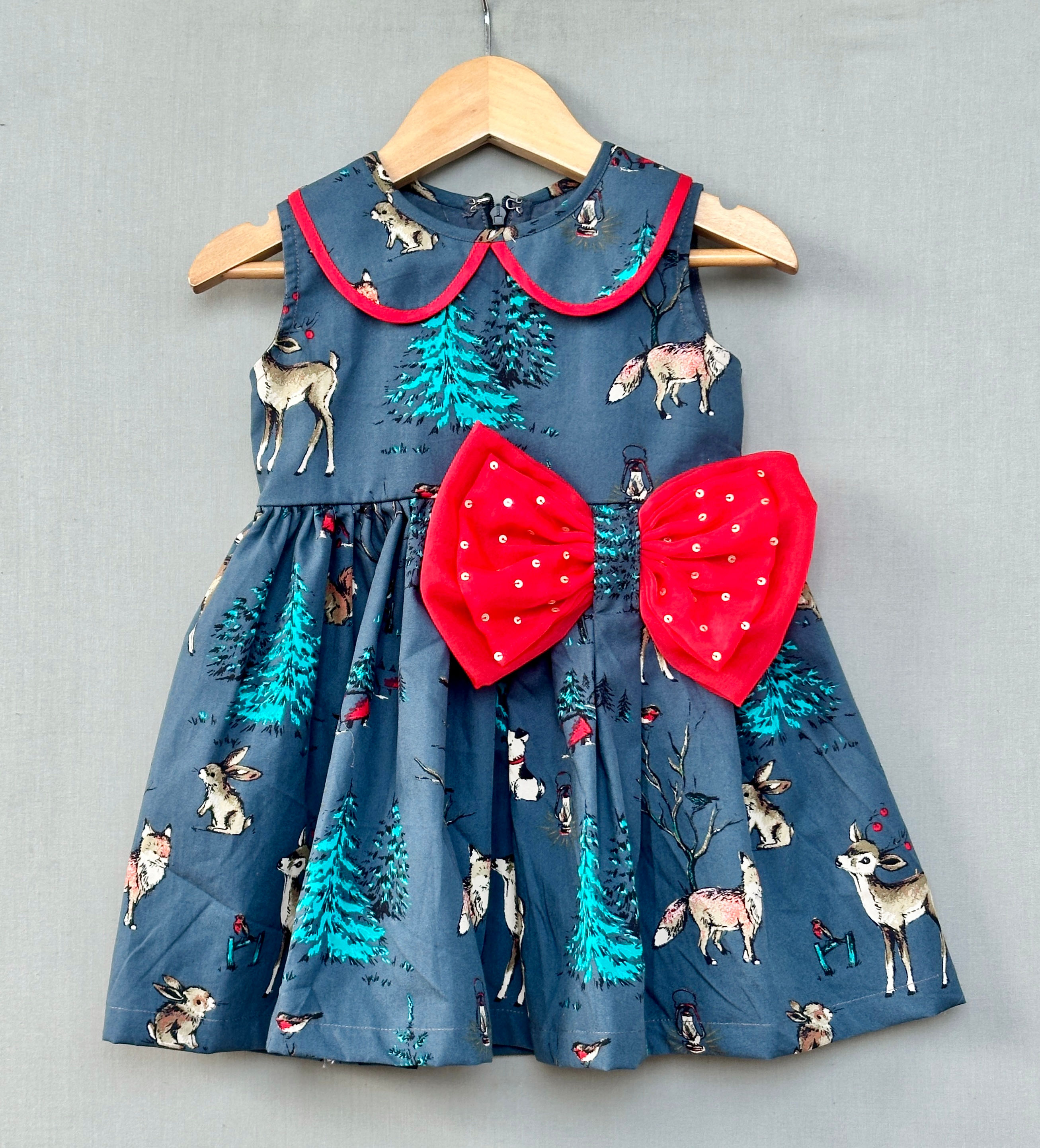 Woodland Print Grey Dress with Bow