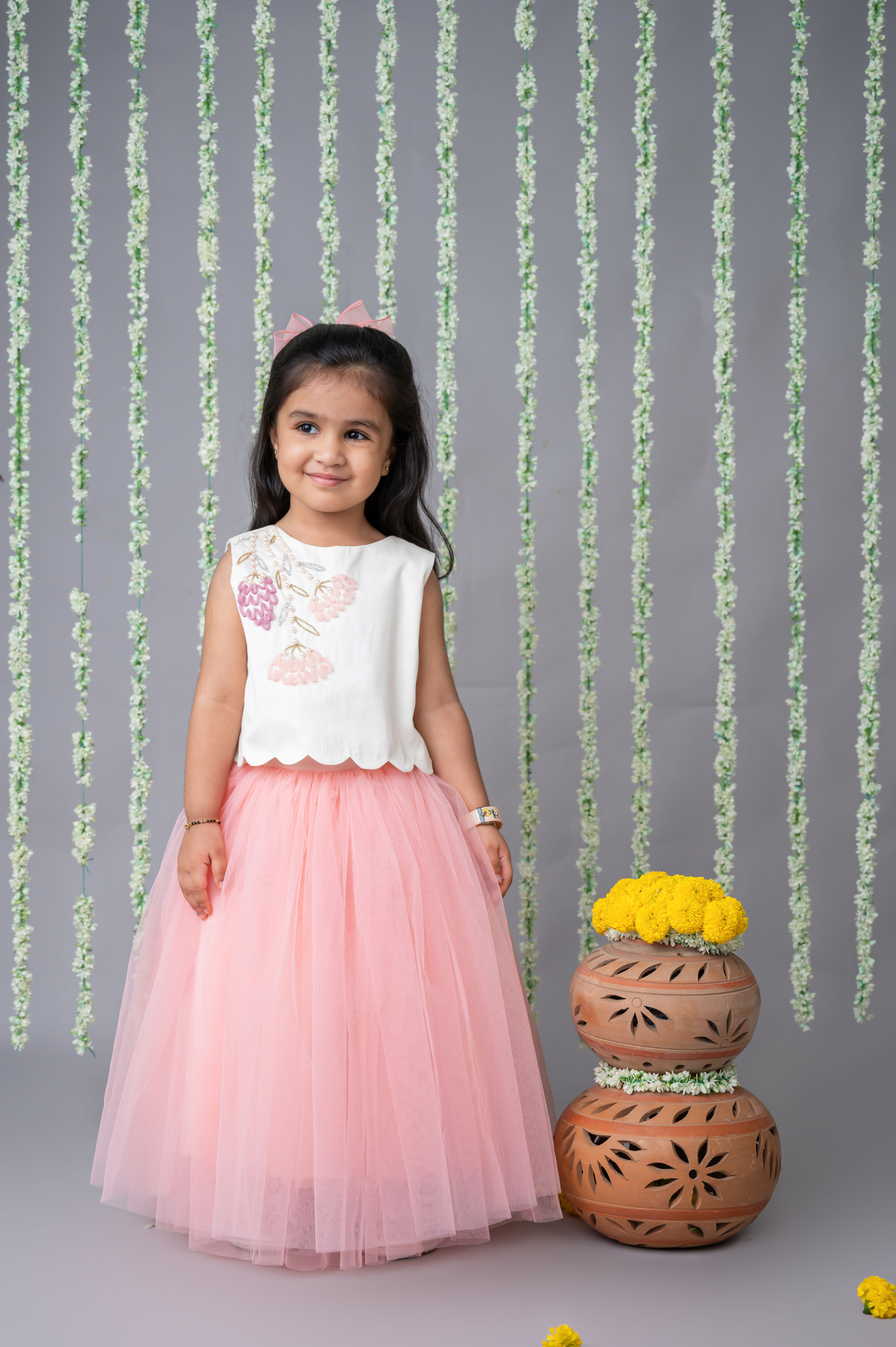 3D Hand Embroidered Top with Pink Tulle Skirt