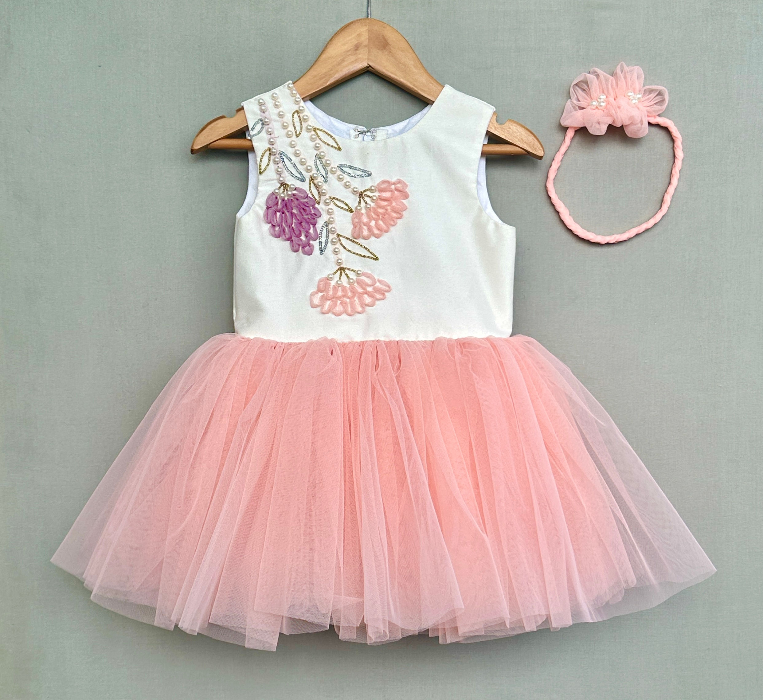 Floral Hand Embroidered Dress with Hairband