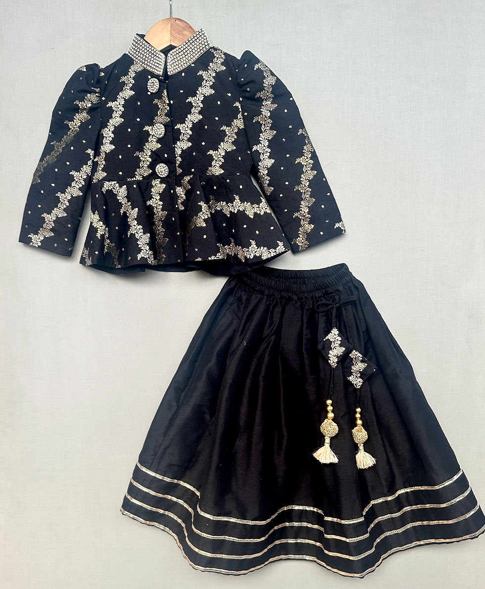 Thumbnail: Royal Black Brocade Peplum Blouse with Lehenga