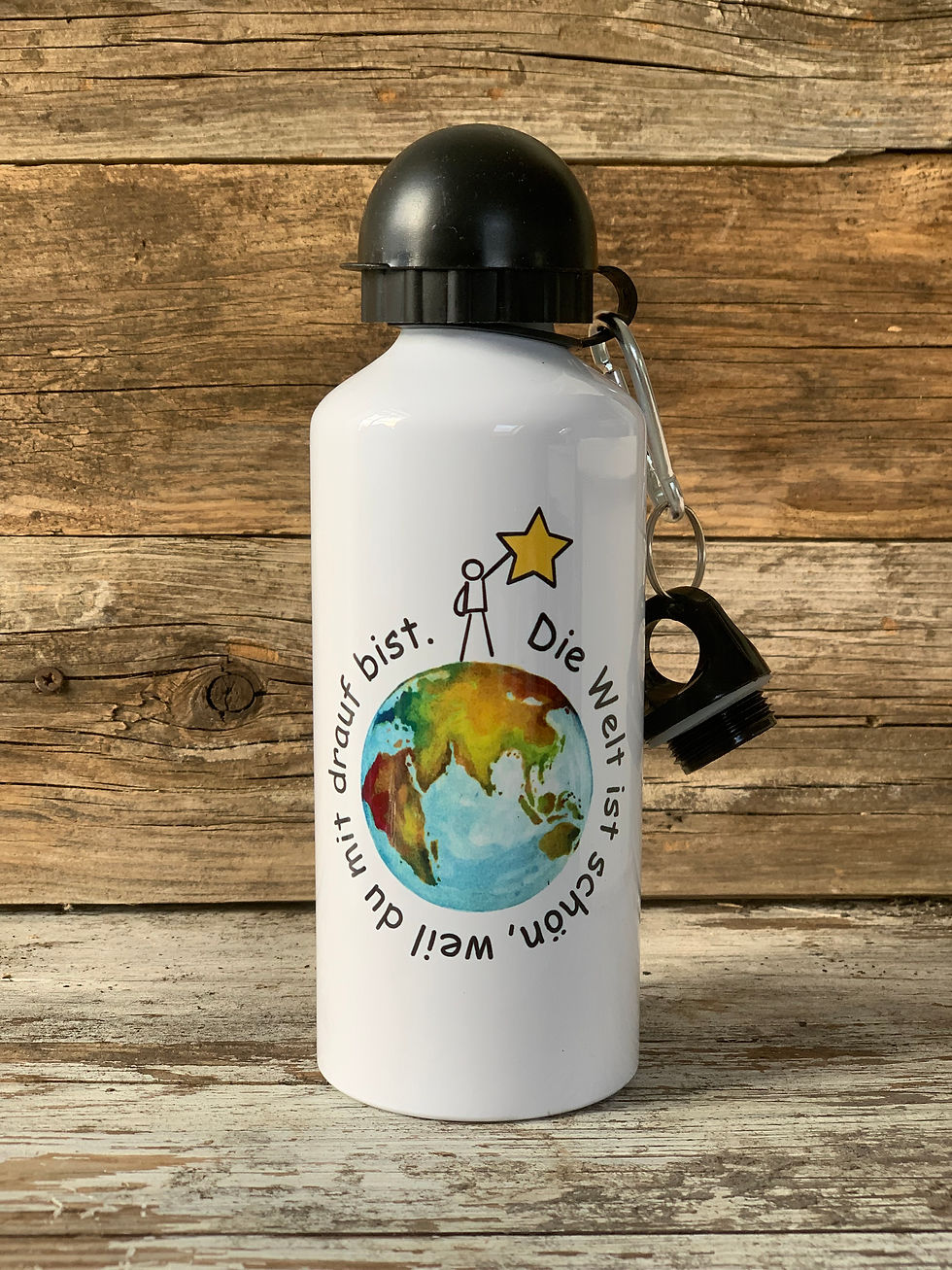 Edelstahl-Trinkflasche weiß, Weltkugel "Die Welt ist schön, weil...!"